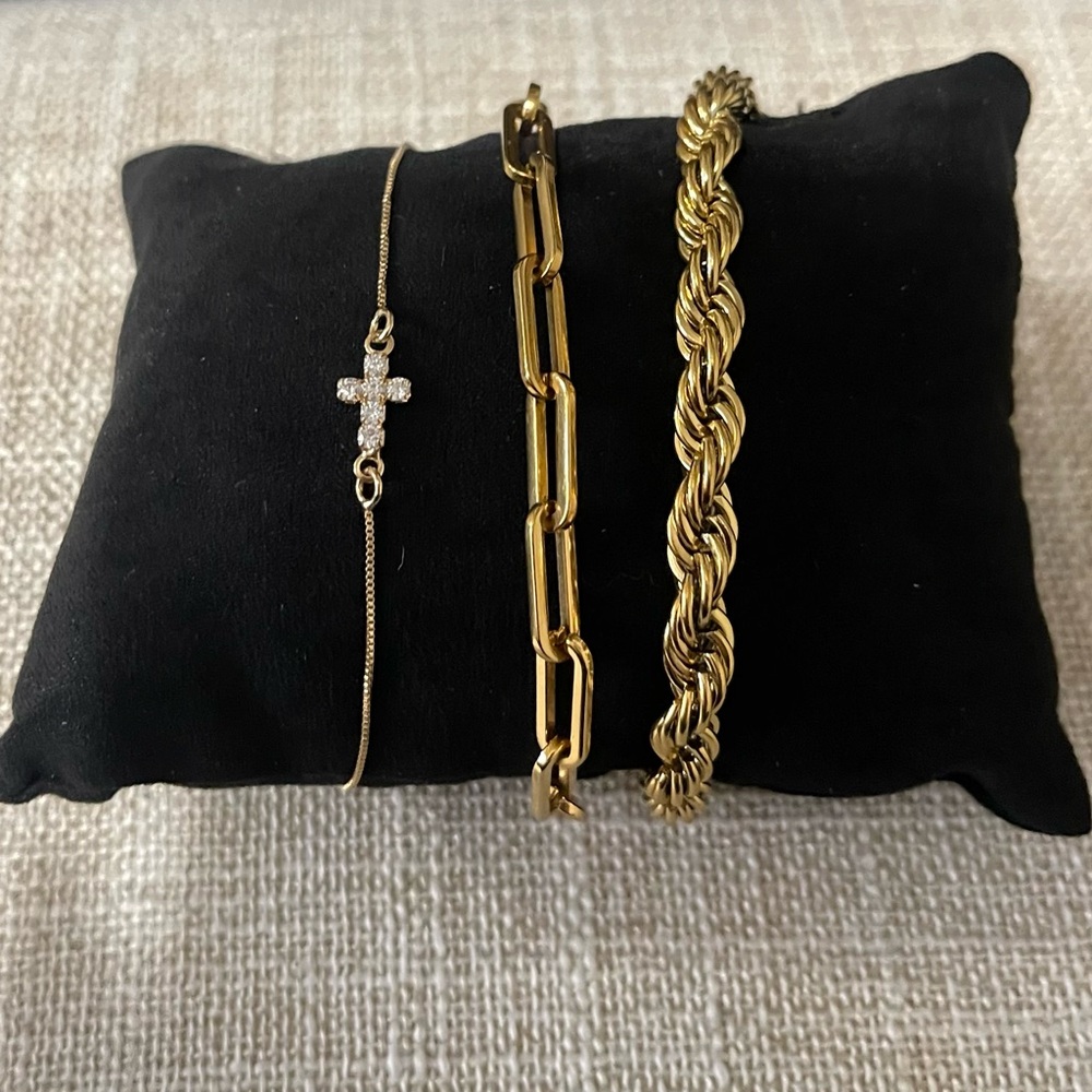 18k Gold Filled cross , paper clip , and rope bracelet.